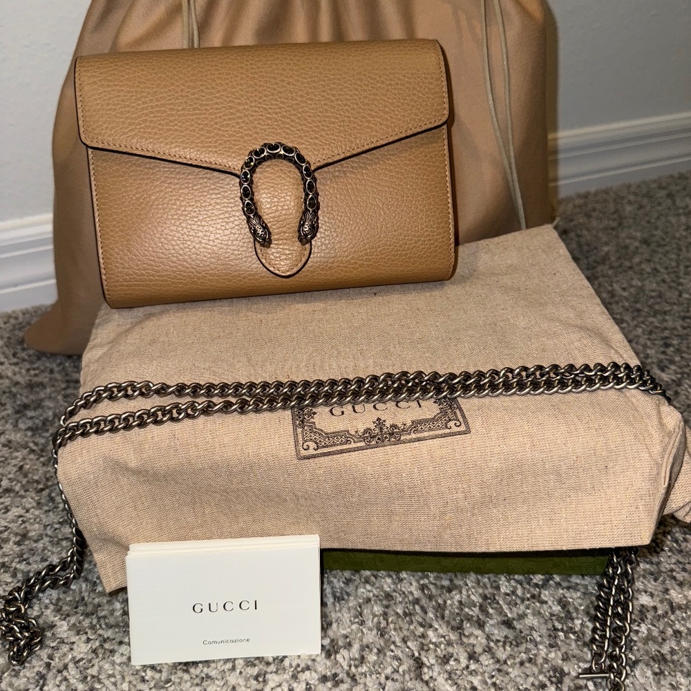 Gucci Dionysus Mini Leather Chain Wallet in Brown Leather
